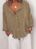 Elveswallet Women's Cotton Linen Contrast Button Collarless Shirt