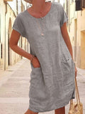ElveswalletLoose Solid Round Neck Short Sleeve Pocket Linen Dress