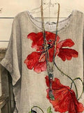 Crew Neck Floral Casual Red Flower Batwing Sleeve Slit Tops