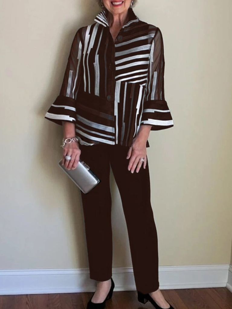 Women's Elegant Mixed Striped Shirt And Pants Suit