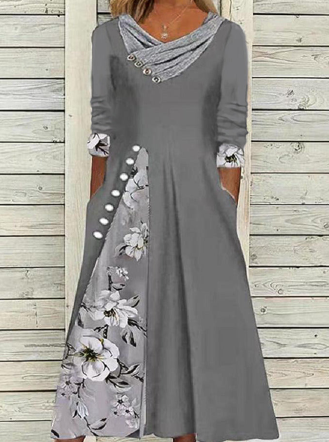 Elveswallet Floral Tunic V-Neckline Midi A-Line Dress