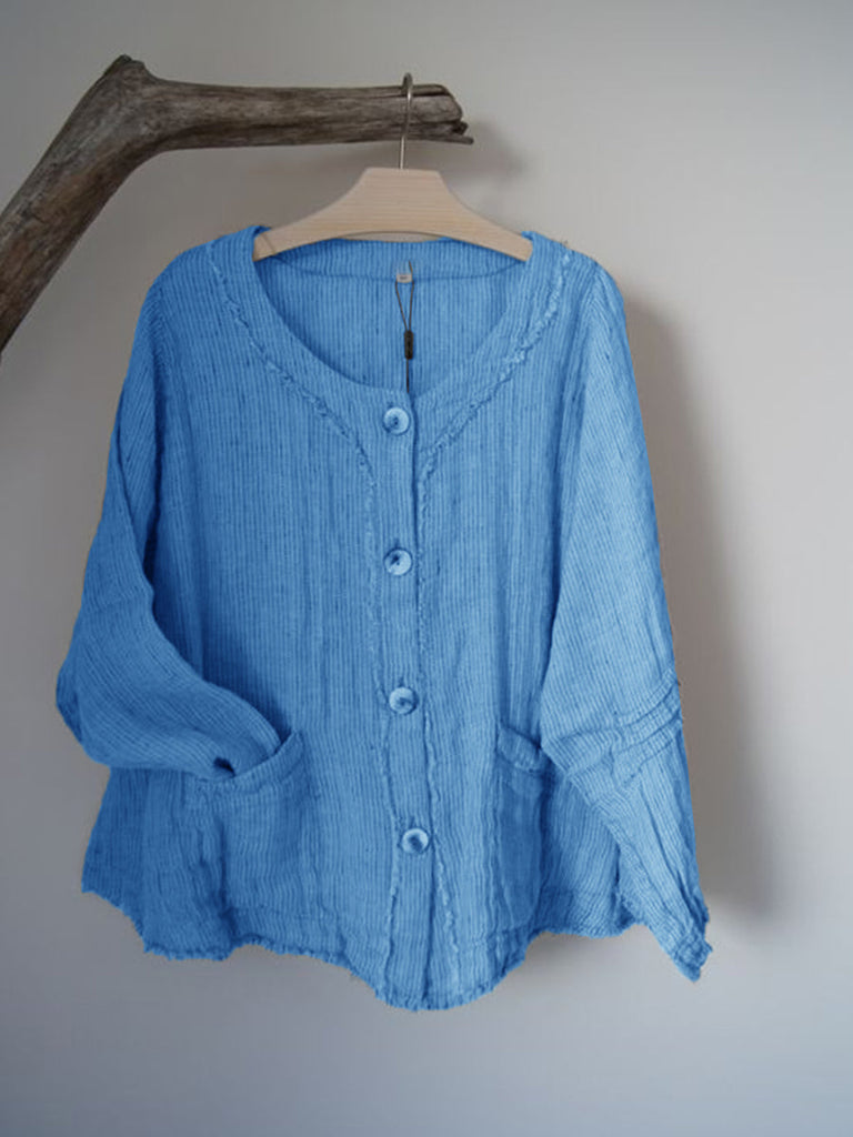 Casual Round Neck Button-Down Long Sleeve Top