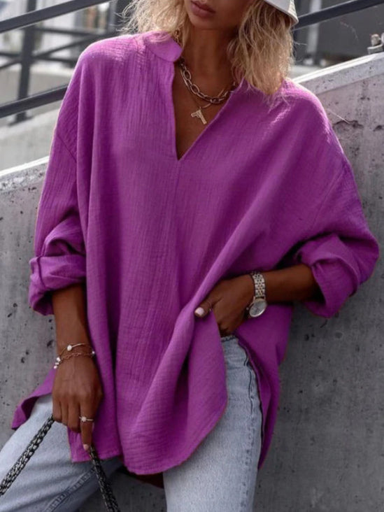 ElveswalletWomen's Solid Color V Neck Long Sleeved Casual Linen Top