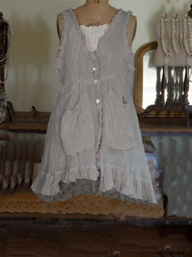 Beige Pockets Sleeveless Vintage Dresses