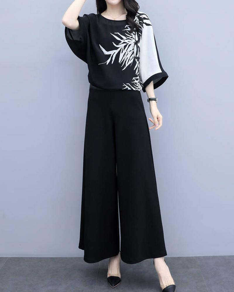 Bamboo Printing 3/4 Sleeves Casual Two-piece Suits