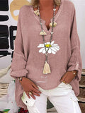 Women's Floral Print V Neck Long Sleeved Casual Linen Top
