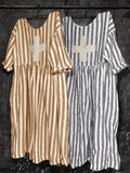 Womens Cross Print Heavy Stripe Short Sleeves Casual Linen Dress