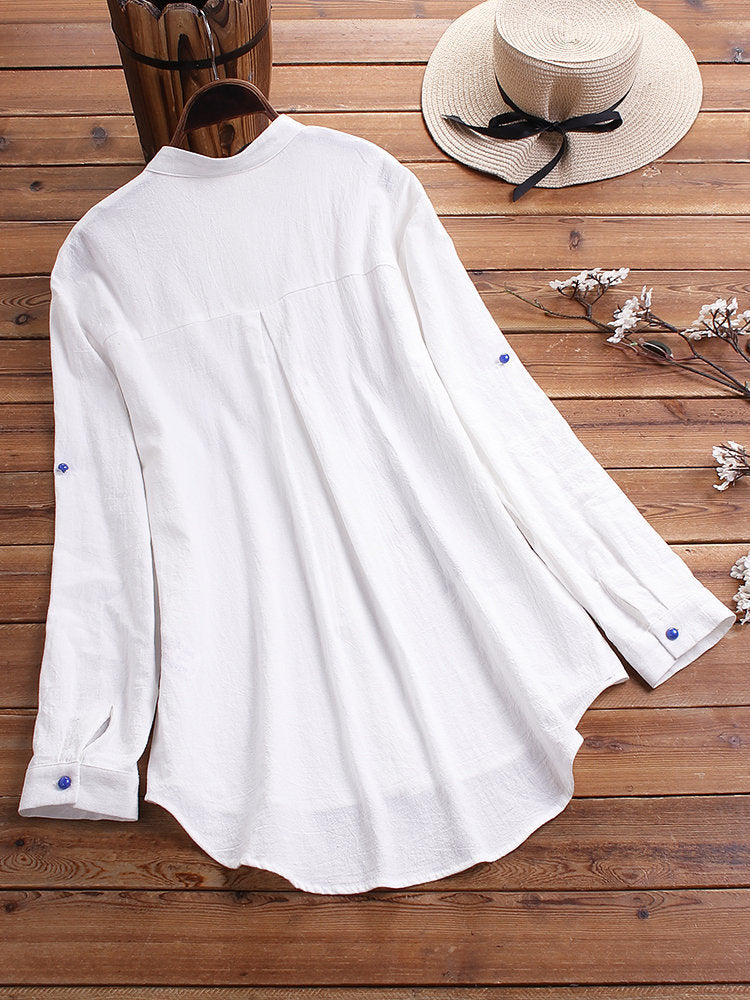 Button-Down Long Sleeve Printed Long Type Linen Shirts