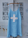 Womens Cross Printing Ruffled Hem Casual Linen Slip Dress