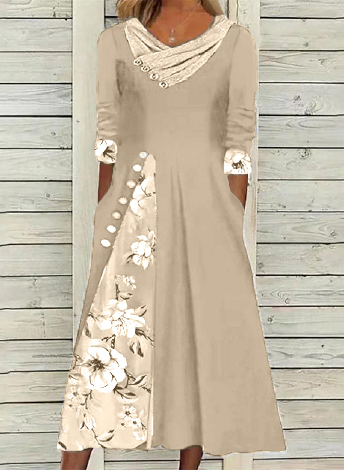 Elveswallet Floral Tunic V-Neckline Midi A-Line Dress