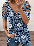 ElveswalletWomen's T-shirts Leopard Floral Print Cutout Zip T-shirt