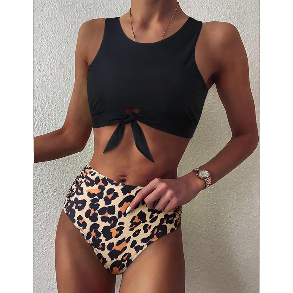 ElveswalleT High Waist Bikini Leopard Swimsuit Women Bikini Floral Swimsuit Print High Neck Bikini Push Up Swimwear Snake Bathing Suit