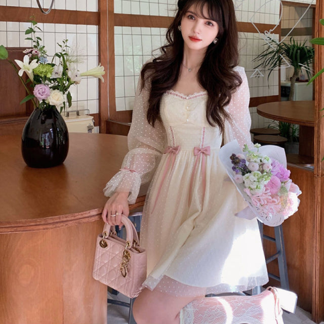 ElveswalleT   Spring Autumn Elegant Princess Dress Women Sweet Dot Party Long Sleeve Fairy Dress Female Casual Vintage Korean Kawaii Mini Dress