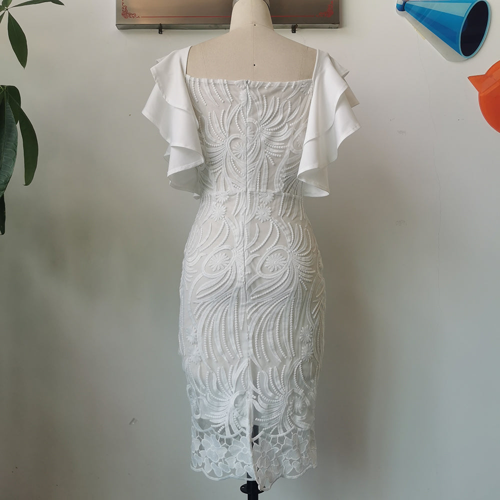 ElveswalleT   Summer Fashion Midi Dress Elegant Evening Party White Dresses for Women Classy Prom High-waist Lace Ruffle Female Clothing